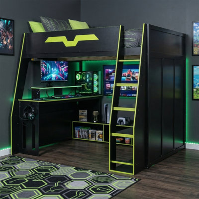 Full Size Wood Loft Bed with Desk, RGB LED Light, Storage Shelves, Gaming Space, Adjustable Placement Table,Green