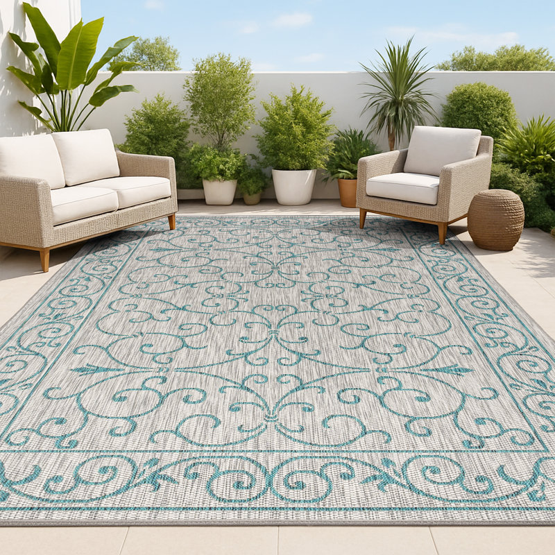 Hagerman Vintage Filigree Textured Weave Gray/Teal Indoor/Outdoor Rug, Rectangle 7'9" x 10'