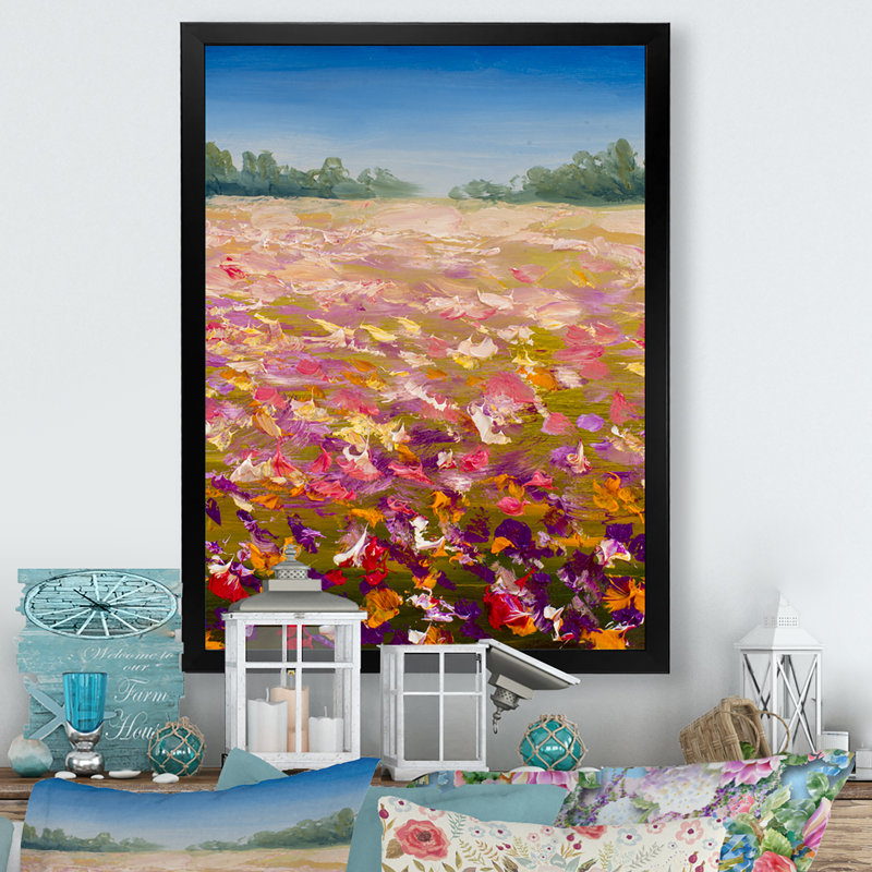 Champ rouge, rose, fleurs jaunes - reproduction d'art sur toile traditionnelle, Toile avec cadre photo noir
