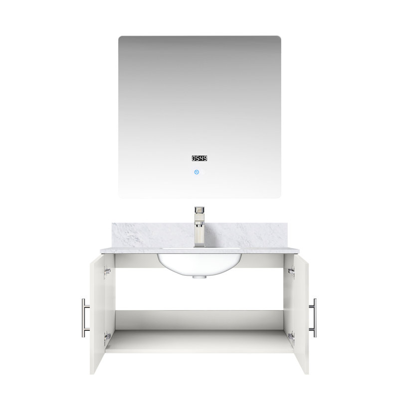 Meuble-lavabo blanc lustré l 36 po x P 22 po avec comptoir en marbre, robinet et miroir Armoire de salle de bain 22 po blanche