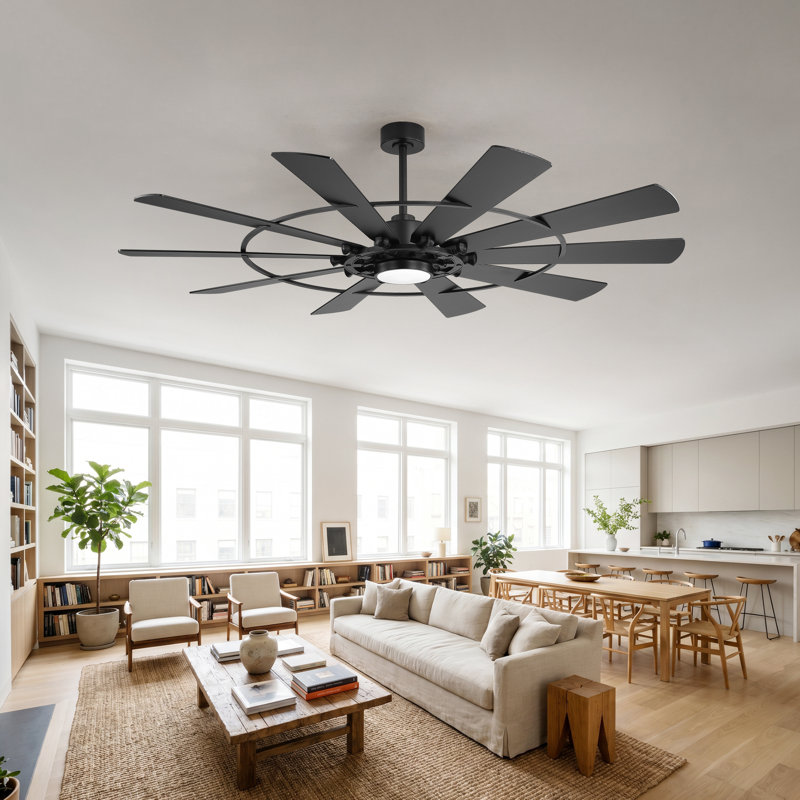 72" Large Gariepy With Light，Black Finish, Reversible Blades, Quiet DC Motor For Indoor/Outdoor