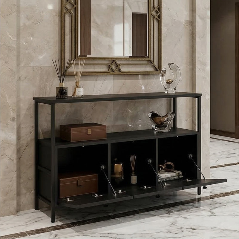 Console Elara de 47 po de largeur avec 3 armoires et rangement ouvert, Noir, Noir