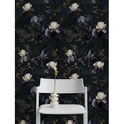 Dark Purple and Ivory Iris Wallpaper | Dramatic Floral Wall Mural with Gold Accents