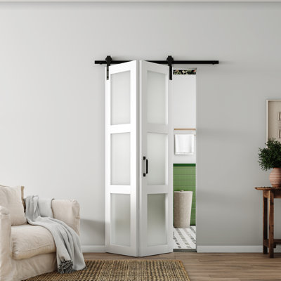 CHIC Mode Doors Porte de grange double pliante en panneau de fibres à densité moyenne de 3 po en verre givré massif 48 po x 84 po avec quincaillerie