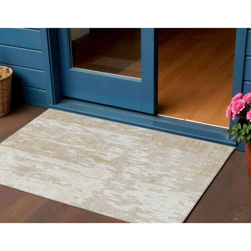 3' X 5' Beige And Ivory Abstract Washable Indoor Outdoor Area Rug