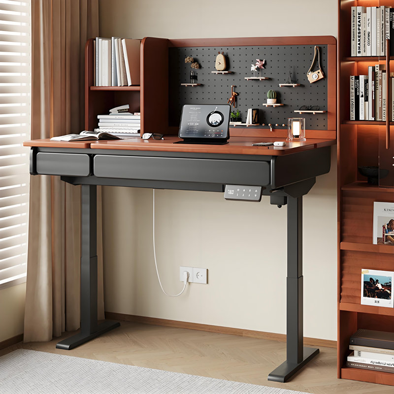 39.37"Retro Solid Wood Electric Adjustable Desk, 46.85" H x 39.37" W x 29.53" D