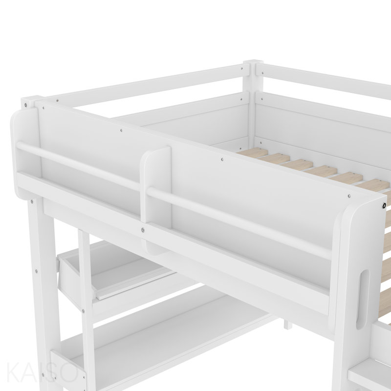 Lit mezzanine simple avec bibliothèques, boîtes et tiroirs à rangement multiple, lits mezzanine bas en bois massif avec bureau et tableau noir, sans sommier tapissier, blanc