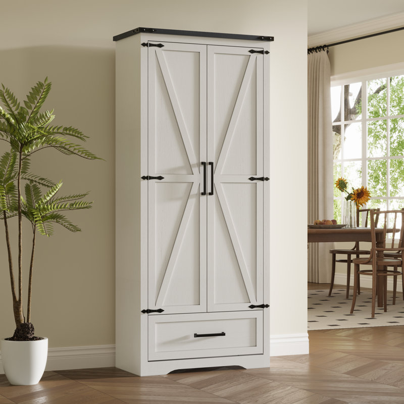 Armoire de cuisine de 183 cm (72 po) avec double porte de grange, rangement de cuisine de style campagnard avec étagères et tiroir réglables