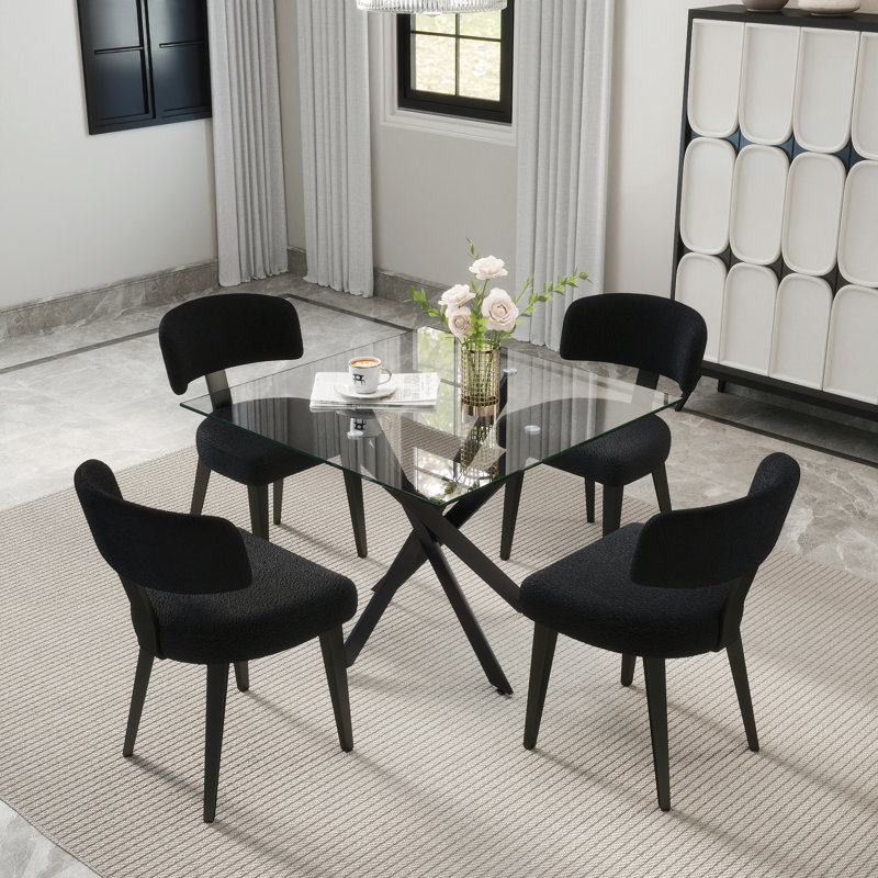 3/5-Piece Dining Set, Glass Table & 2/4 Velvet Chairs, Chrome Table Legs, Modern For Small Space, Kitchen, Dining, 5, Black