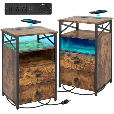 LED Night Stand Wireless Charging and Wood Drawers, Charging End Table