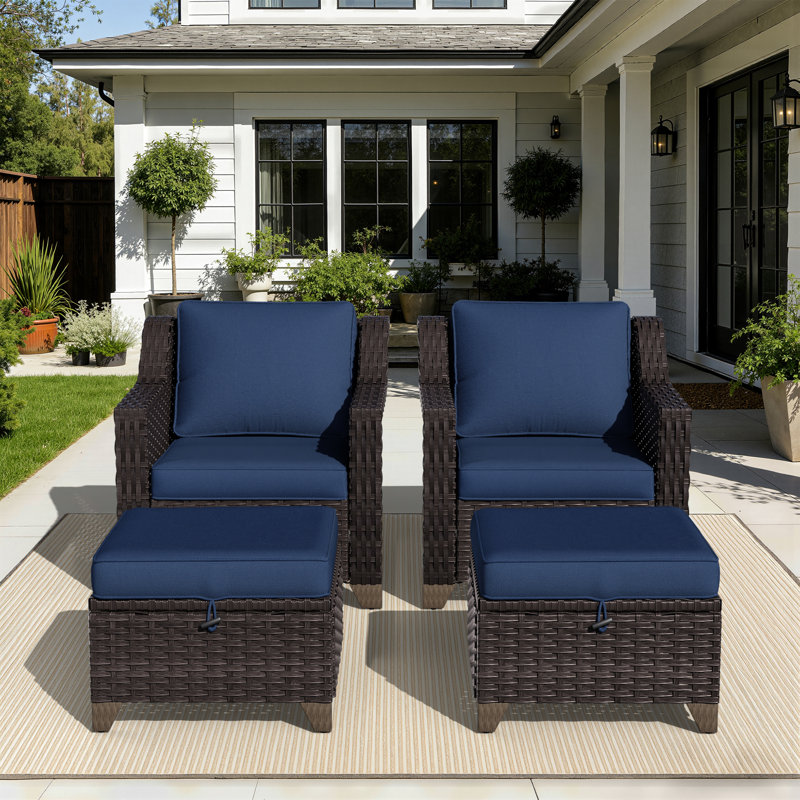 Meriwether Patio Chair with Cushions and Ottomans, Blue