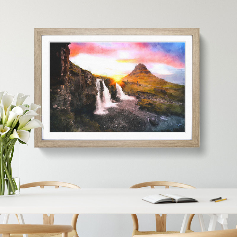 Kirkjufell Waterfalls and Mountain - Picture Frame Painting Print, Oak Framed, 62cm H x 87cm W x 2cm D