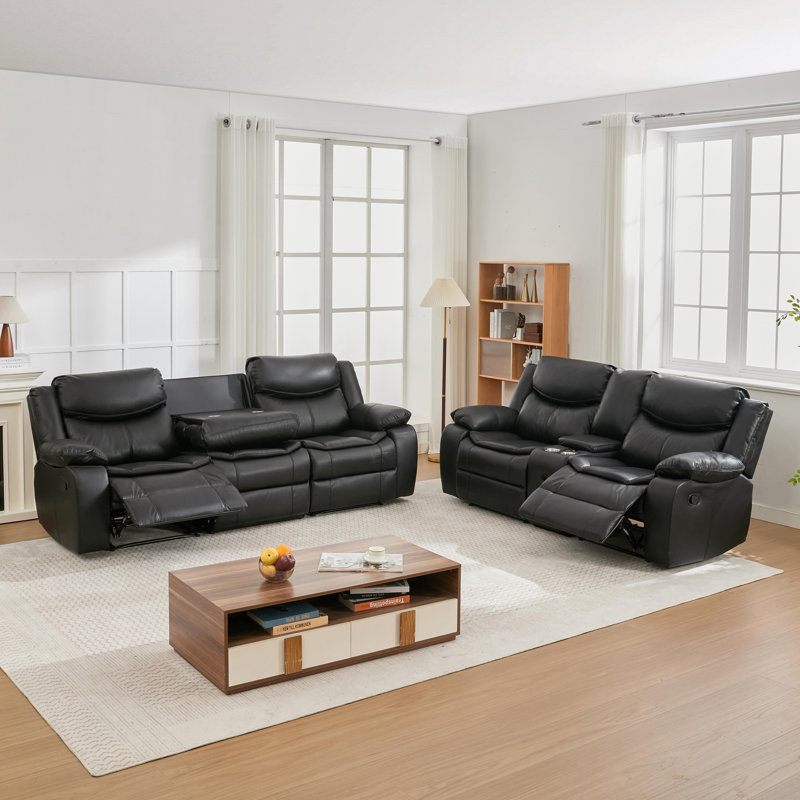  Ensemble de salon en cuir PU 2 pièces avec porte-gobelet et haut-parleur Bluetooth Adwin, Noir