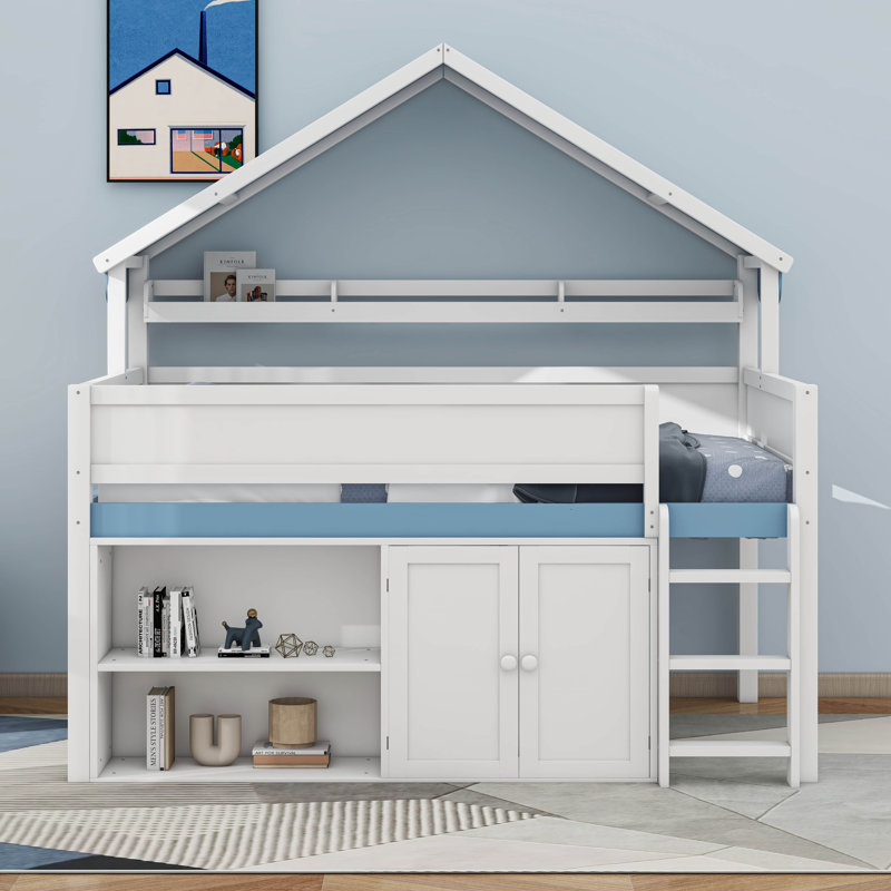 Full Size Loft Bed With Canopy Roof And Storage Cabinet, White/Blue