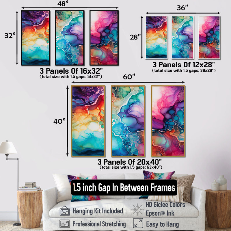 Ensemble d'art mural arc-en-ciel bleu sarcelle et mauve, Cadre flottant noir, H 40 po x l 60 po x P 1 po