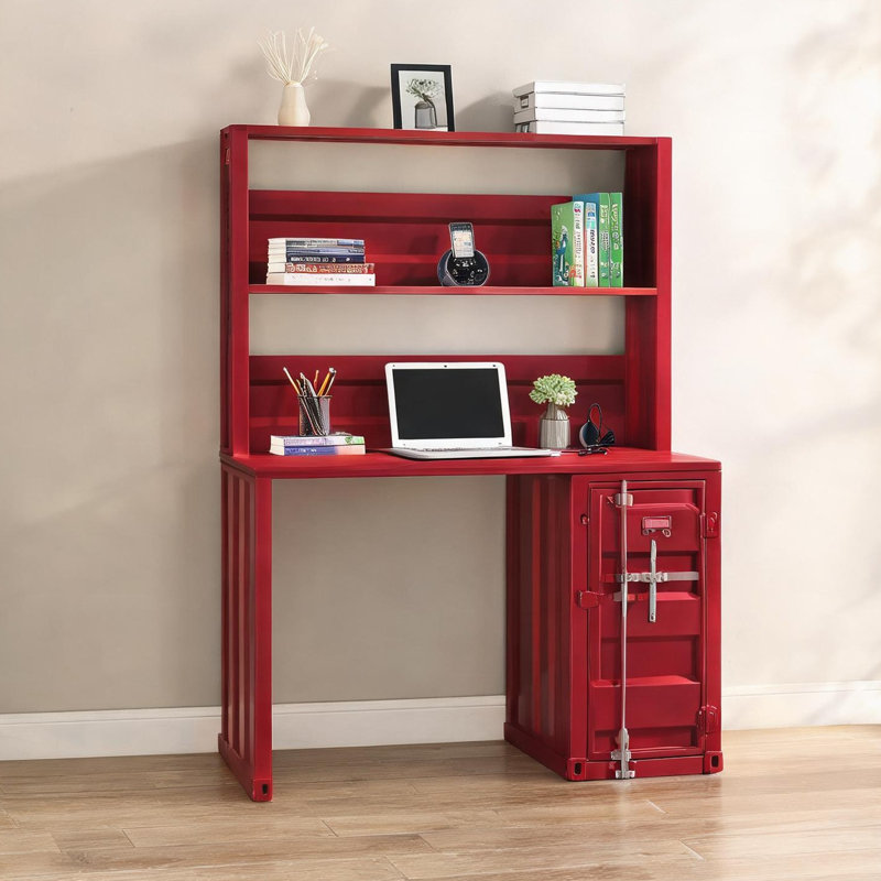 Bureau d'écriture avec huche de rangement au fini rouge, poste de travail rectangulaire en métal de 47 po avec armoire et tablette, design industriel