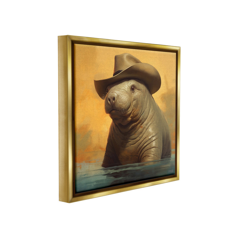 "Natation lamantin avec chapeau" par RB sur toile, Cadre flottant métallique doré, H 25 po x l 25 po