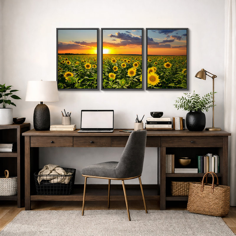 Champ de tournesols tournesols sur un fond de coucher de soleil - ensemble de 3 reproductions sur toiles tendues