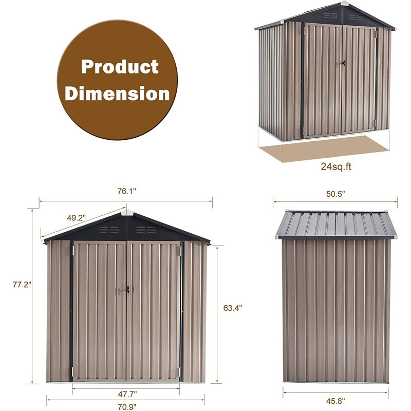 6 Ft. W x 4 Ft. D Metal Overlap Reverse Apex Garden Shed, Brown