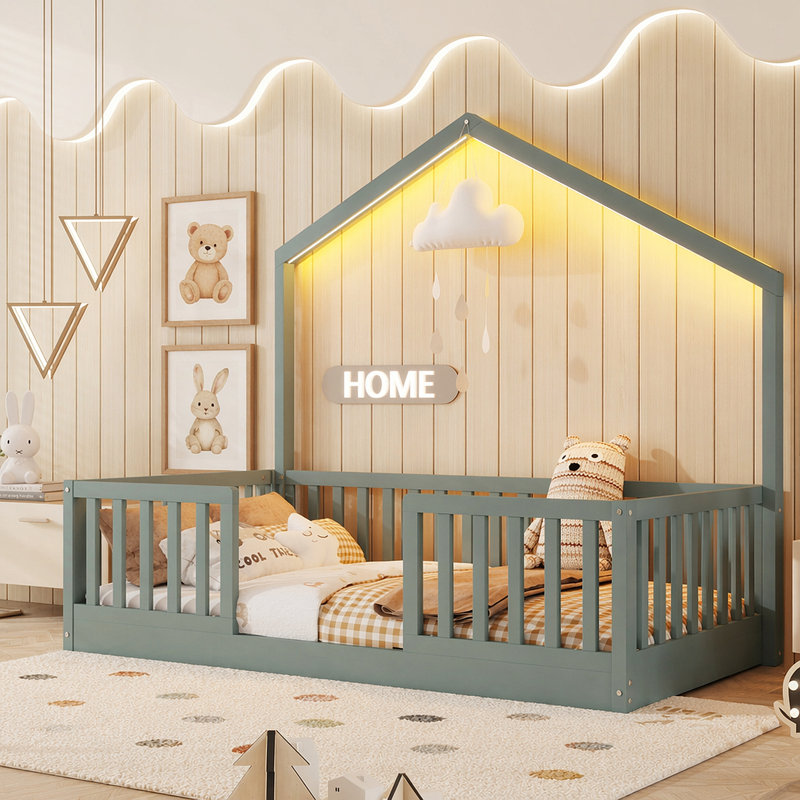 Lit simple à plancher surélevé, lit Montessori en bois avec lumière pour enfants, garçons et filles, gris, Gris