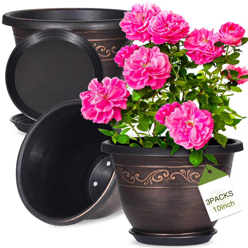 Plastic Flower Planters with Drainage Hole and Saucer, 7" H x 10" W x 10" D