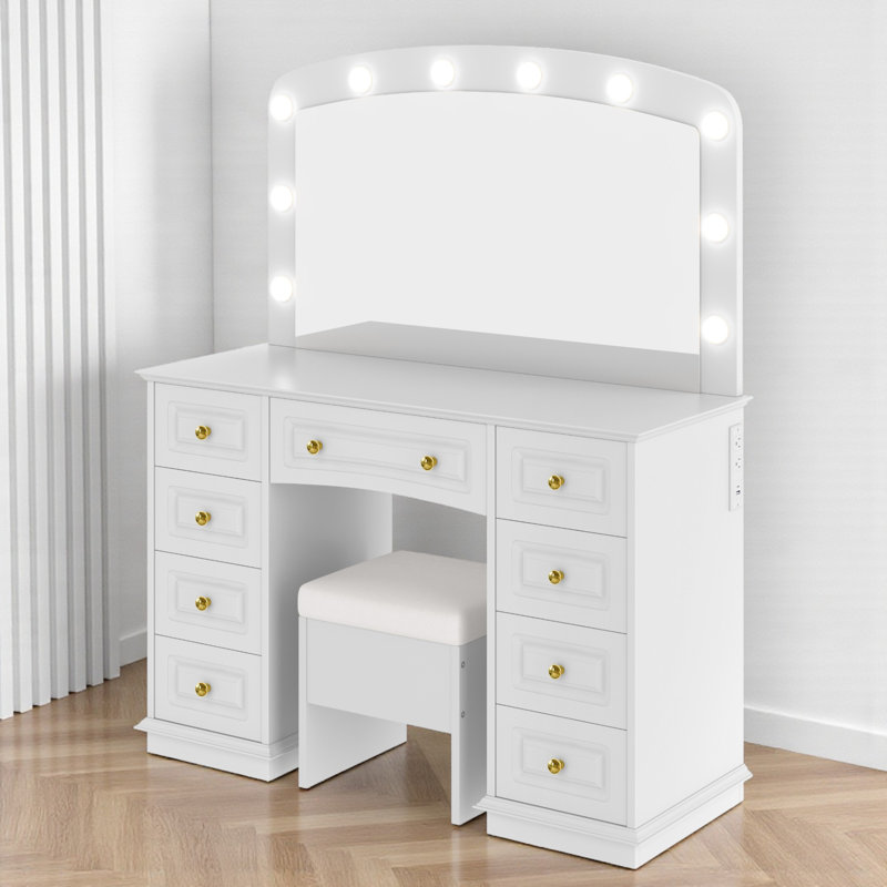 Makeup Vanity Set With Lighted Mirror And Stool