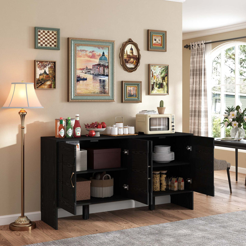 Buffet 60 po Mid-Century moderne avec rangement et tablettes réglables, Noir