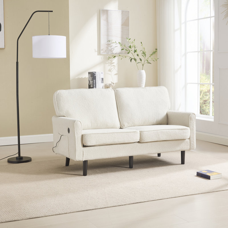 Canapé Boucle en tissu 2 places avec port USB et housse de coussin amovible, Beige