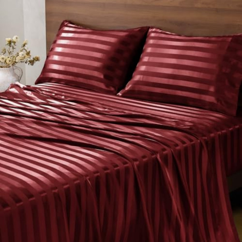 Ensemble de draps 4 pièces en satin de satin à rayures jacquard avec sangles élastiques