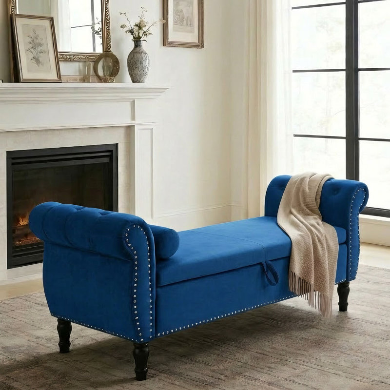 Velvet Upholstered Storage Bench, Blue