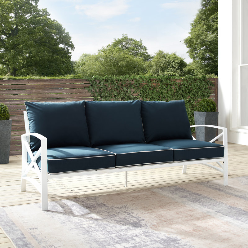 Canapé de patio avec coussins Marple, Blanc, Velours bleu marine