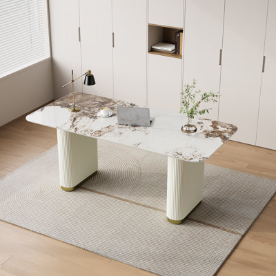 63'' Modern White Writing Table, Rectangular Desk With Pandora Sintered Stone Table Top, Double Roman Column Legs