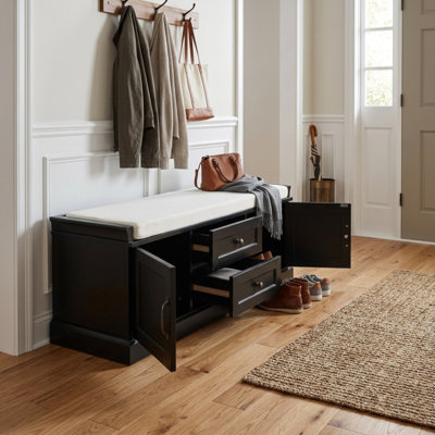 Banc de rangement pour chaussures 42,6 po, banc avec coussin amovible, 2 tiroirs et 2 armoires pour le salon de l'entrée
