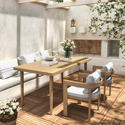 Ensemble de salle à manger d'extérieur 3 pièces pour patio (2 chaises en aluminium au fini noir avec coussin beige et 1 table en bois d'acacia)