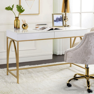 Bureau d'écriture à 2 tiroirs avec base à tréteaux en métal blanc brillant et doré