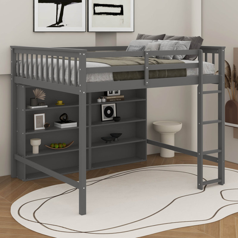 Lit mezzanine double avec tablettes de rangement ouvertes et échelle, Gris antique
