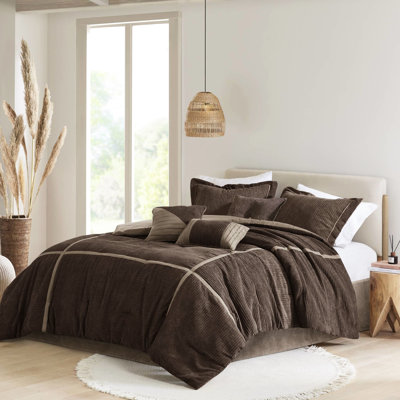Édredon 7 pièces en velours côtelé brun, 1 édredon, 2 taies décoratives, 3 coussins décoratifs, chambre de luxe - style chic, glamour