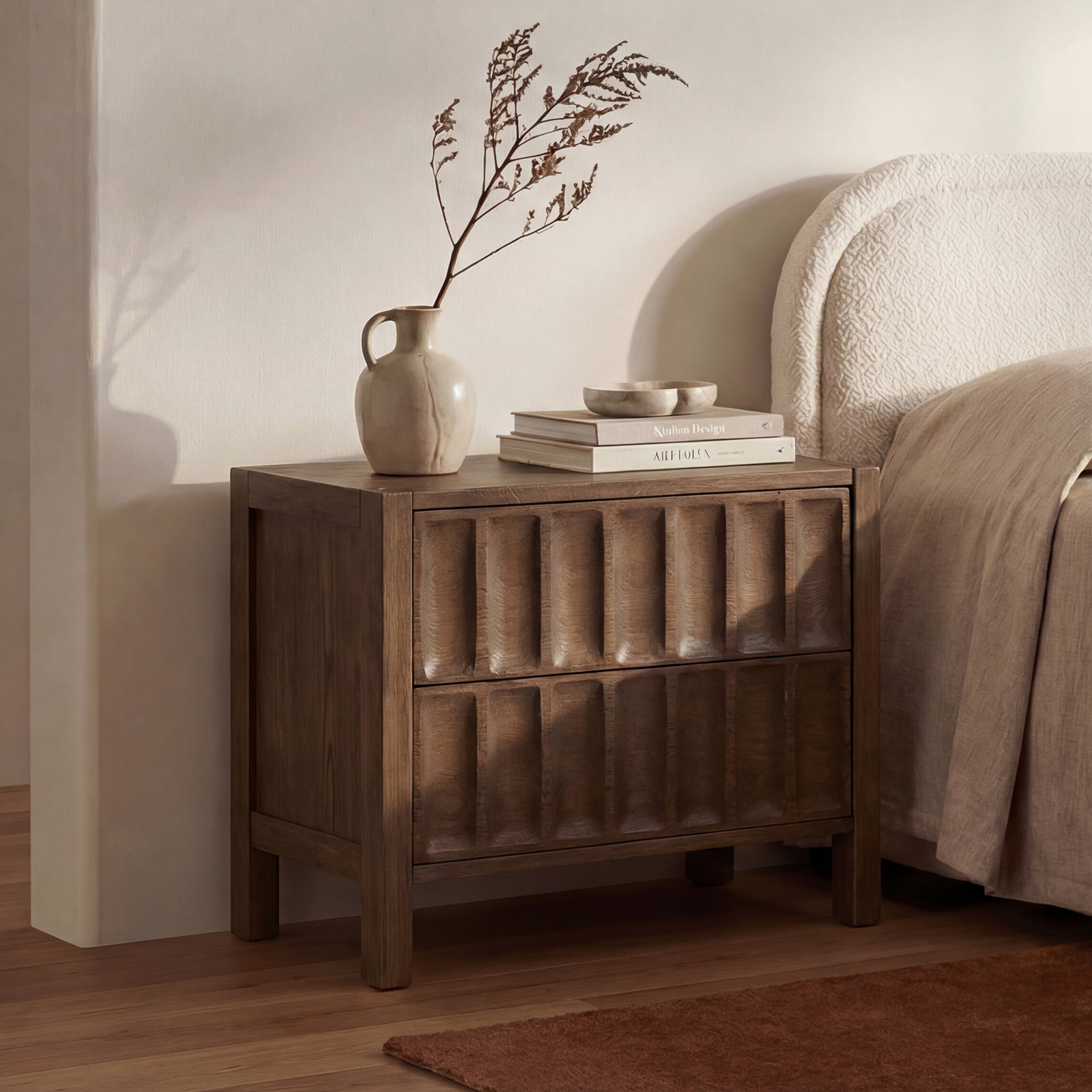 2-Drawer Wide Oak Nightstand, Warm Brown