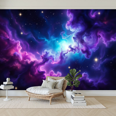 Peel and Stick Wallpaper 96" W x 69" H Modern Self Adhesive Wall Mural for Bedroom Cosmic Nebula Vibrant Clouds Deep Space Galaxy Celestial Painting