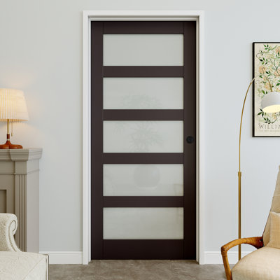 36" x 80" 5-Lite Black Frosted Glass Interior Prehung Door with Round Knob and Silver Hinges, Privacy Glass Door Slab, Sound-Dampening & Waterproof, Suit for Laundry, Closet Doors, Room Doors, Left Hand