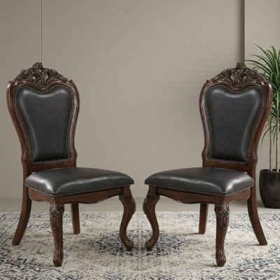 Ensemble de 2 chaises d'appoint en cerisier foncé et en similicuir noir Bischof