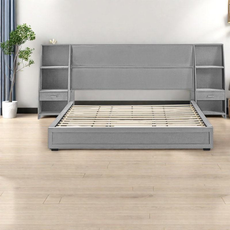 Lits avec rangement, plateforme en velours gris très grand pour la maison
