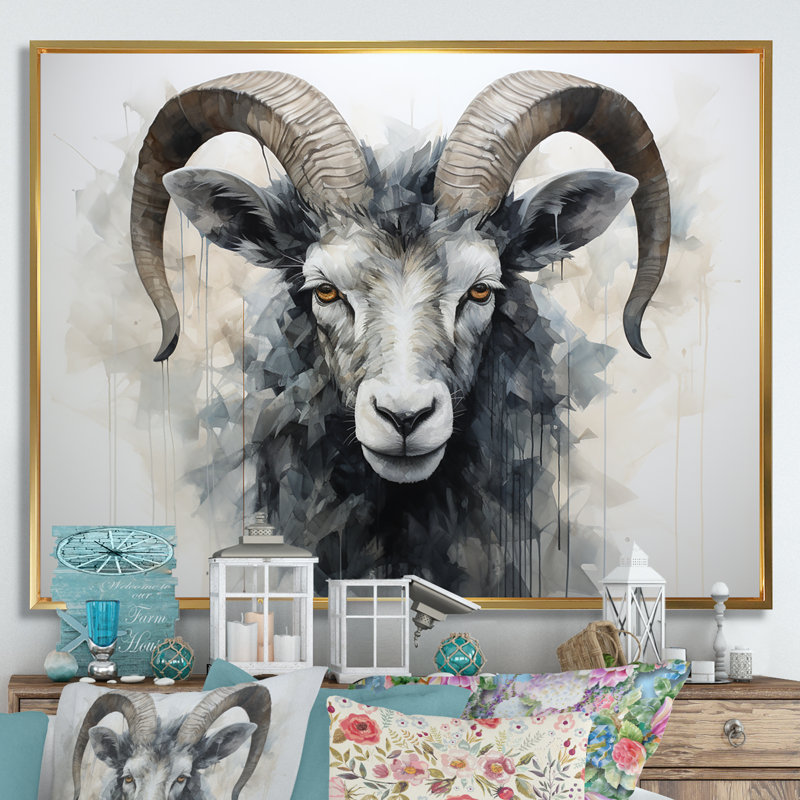 " Black And White Ram Supremacy ", 12" H x 20" W x 1" D, Gold Floater Framed