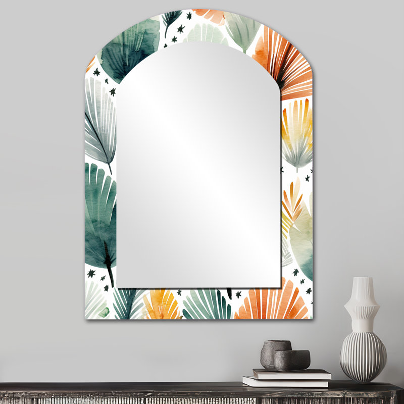 Élégance florale sarcelle orange scandinave - miroir mural décoratif asymétrique abstrait, grand miroir en arc sarcelle, impression d'art en métal
