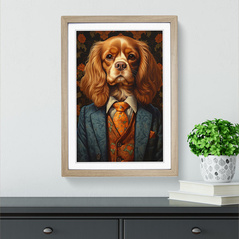 Cavalier King Charles Spaniel In A Suit Painting No.3 - Single Picture Frame Print on Wood, 46cm H x 34cm W x 2cm D