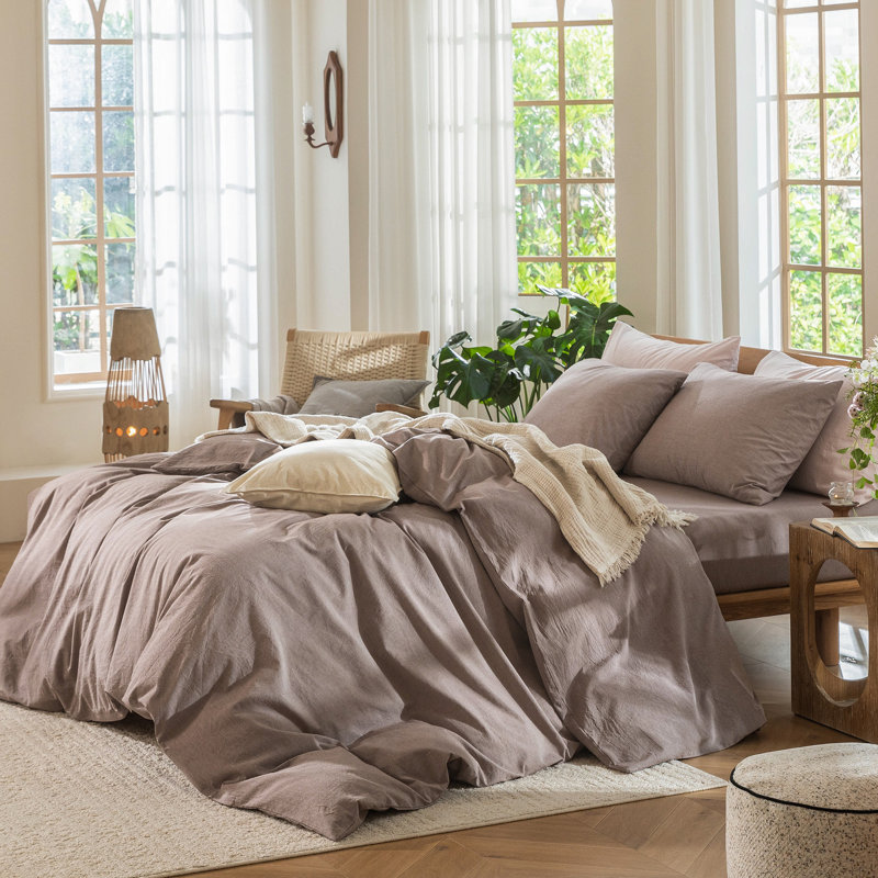 Ensemble de housse de couette 100% coton délavé MooMee, Mauve / brun, Housse de couette très grand super + 2 taies d'or