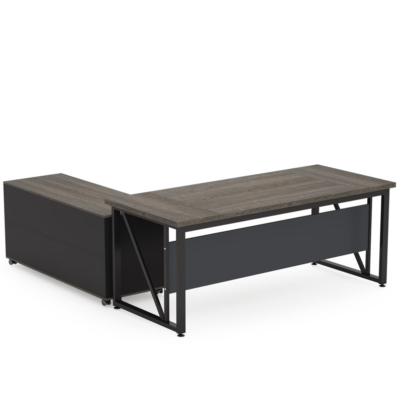Dineke L-Shape Executive Desk with Cabinet Credenza, Brown/Black, 29.53" H x 63" W x 31.5" D