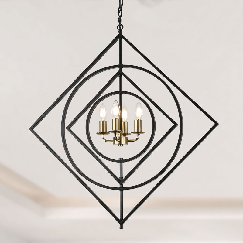 Lustre géométrique noir Lucrece à 4 lumières (77,7 cm), style industriel, hauteur réglable, idéal pour un îlot de cuisine.