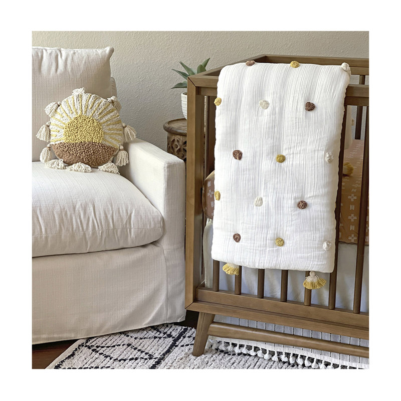 Round Embroidered Sunshine Kids Pillow with Tassels