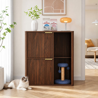 31.5" Walnut Cat Litter Box Enclosure with Cat Tree, Dual Doors & Storage